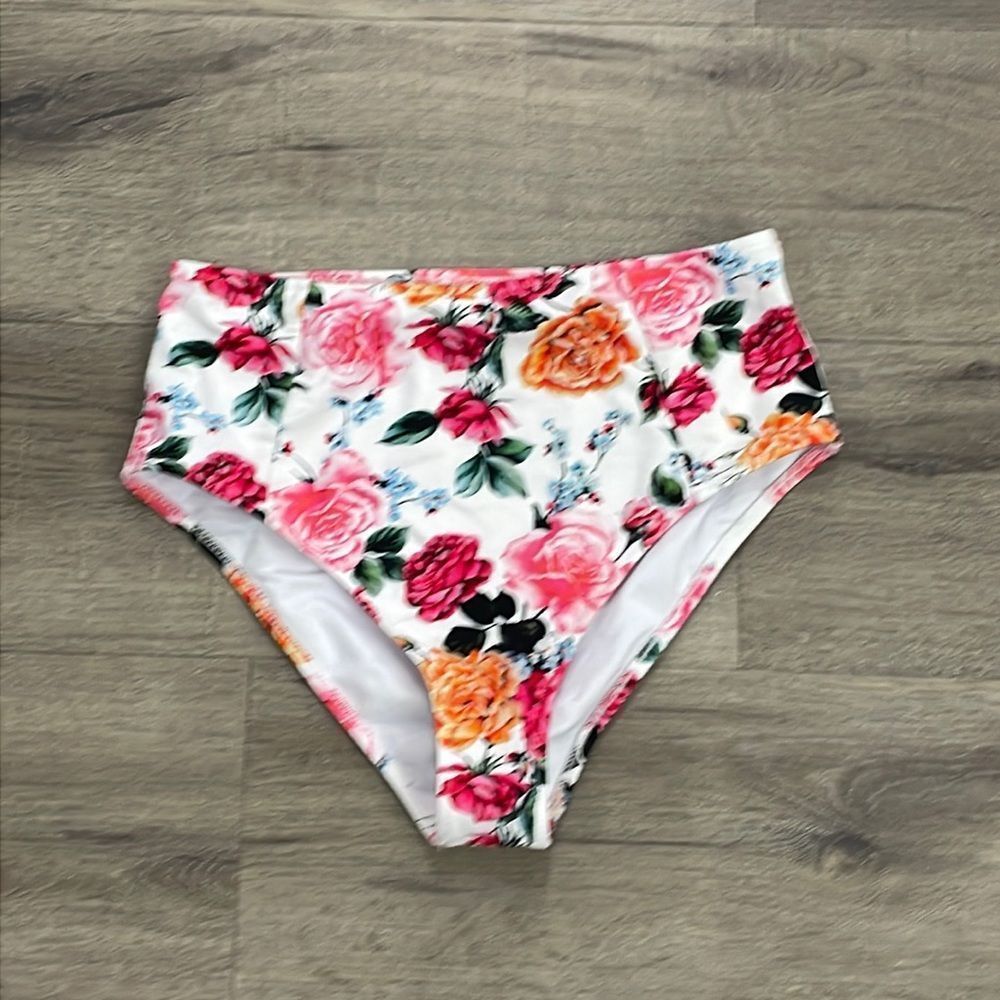 Cupshe High Waisted Floral Medium Bottoms White Orange Pink Tropical Bikini